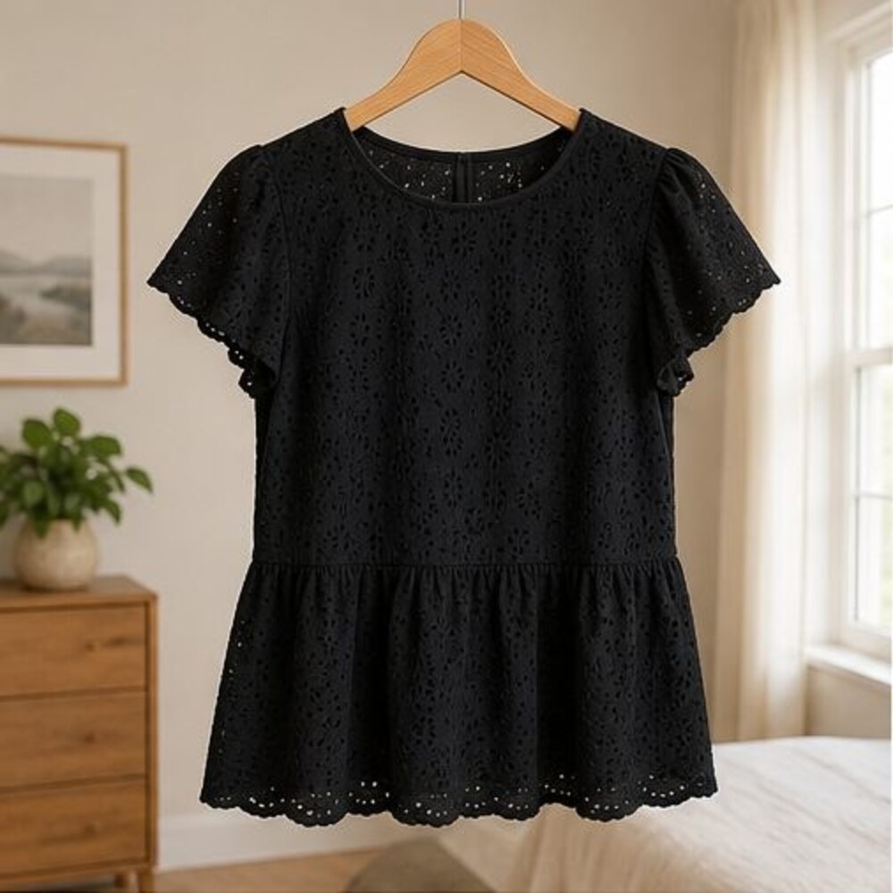 Black Eyelet Peplum Blouse